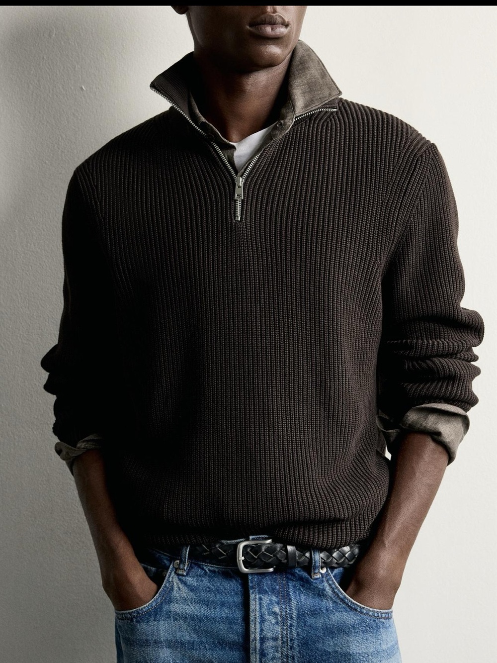 Zara Men's Quarter-Zip Knit Sweater in Chocolate Brown